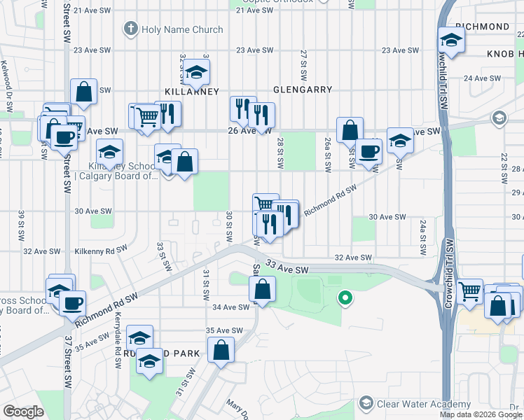 map of restaurants, bars, coffee shops, grocery stores, and more near 3202 29 Street Southwest in Calgary