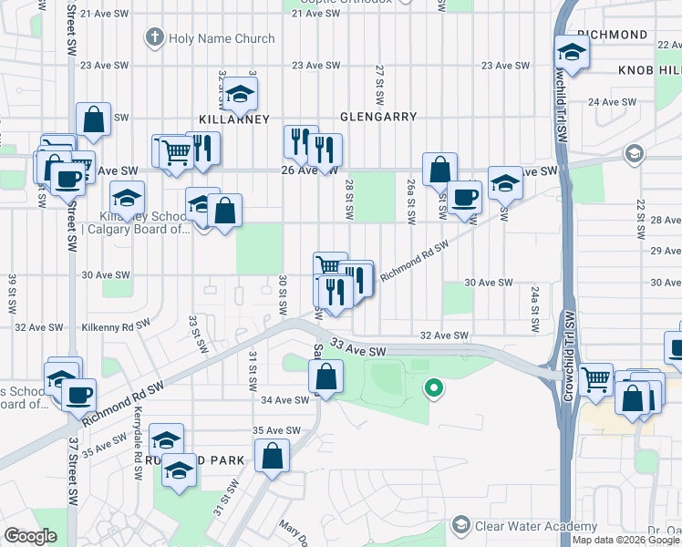 map of restaurants, bars, coffee shops, grocery stores, and more near 3202 29 Street Southwest in Calgary