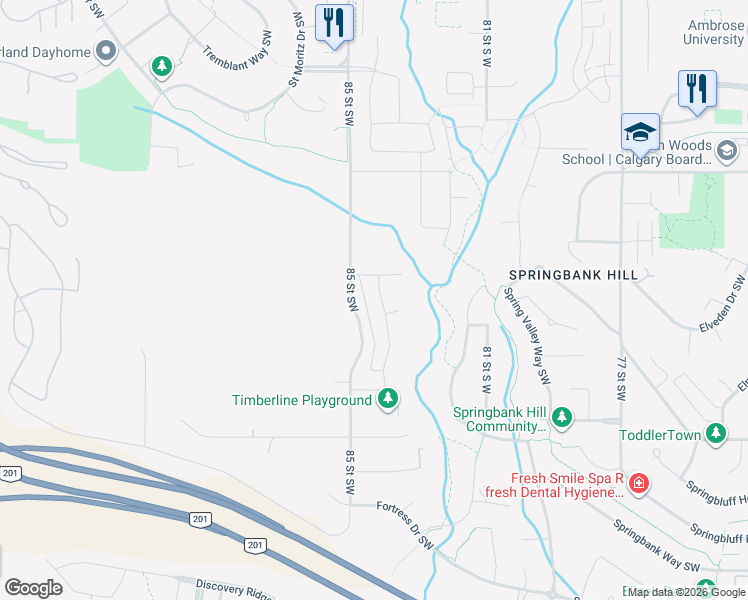 map of restaurants, bars, coffee shops, grocery stores, and more near 96 Timberline Way Southwest in Calgary