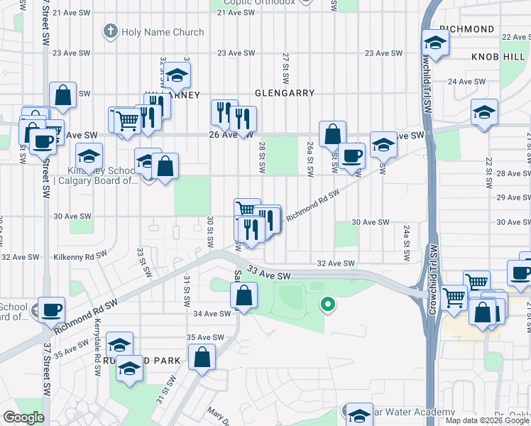 map of restaurants, bars, coffee shops, grocery stores, and more near in Calgary