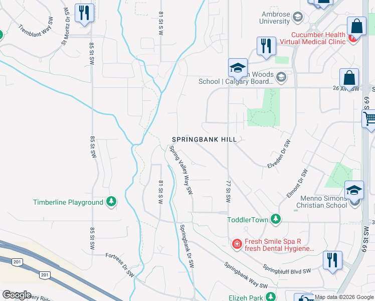 map of restaurants, bars, coffee shops, grocery stores, and more near 20 Spring Valley Lane Southwest in Calgary