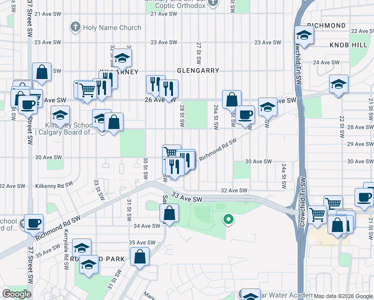 map of restaurants, bars, coffee shops, grocery stores, and more near in Calgary