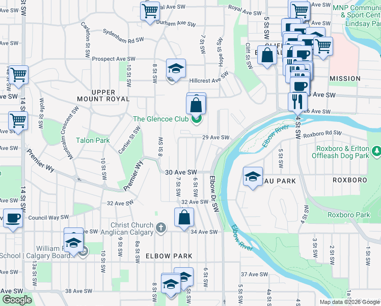 map of restaurants, bars, coffee shops, grocery stores, and more near 3036 7 Street Southwest in Calgary