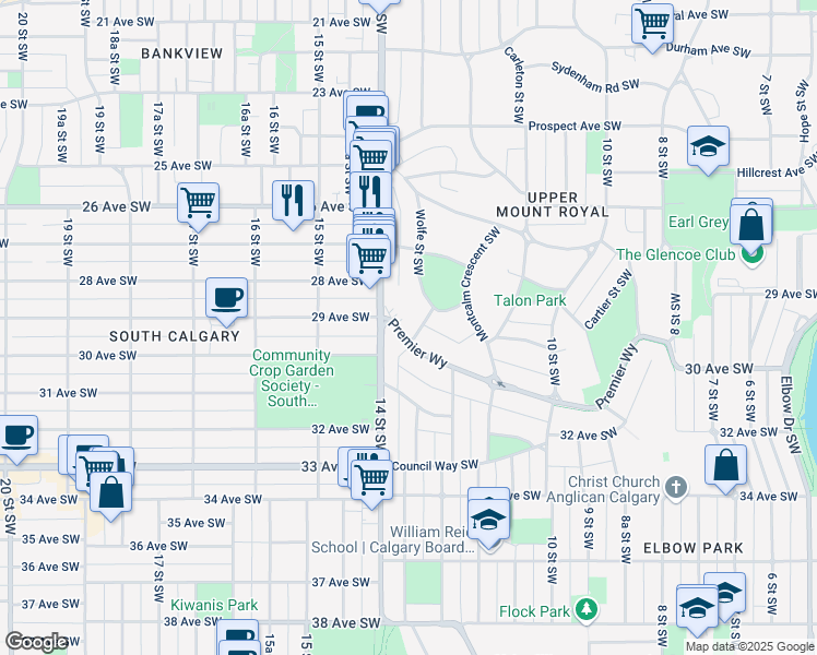 map of restaurants, bars, coffee shops, grocery stores, and more near 1436 Premier Way Southwest in Calgary