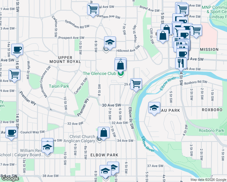 map of restaurants, bars, coffee shops, grocery stores, and more near 3036 7 Street Southwest in Calgary