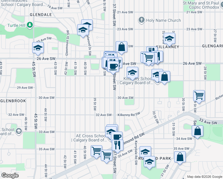 map of restaurants, bars, coffee shops, grocery stores, and more near 3029 37 Street Southwest in Calgary