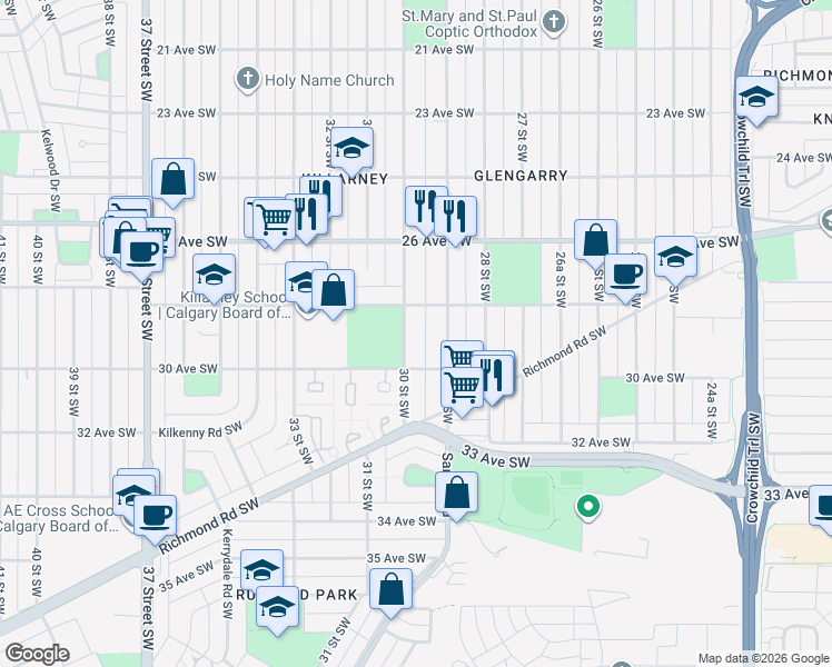 map of restaurants, bars, coffee shops, grocery stores, and more near in Calgary