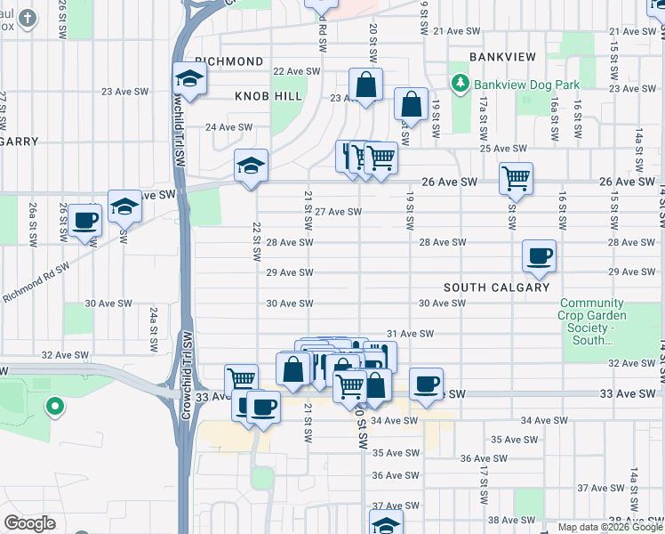 map of restaurants, bars, coffee shops, grocery stores, and more near 2127 28 Avenue Southwest in Calgary