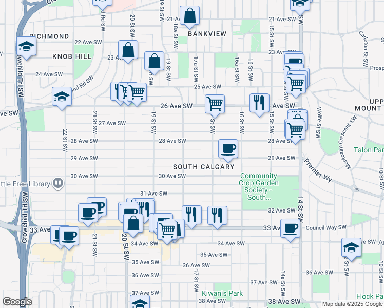 map of restaurants, bars, coffee shops, grocery stores, and more near 1828 29 Avenue Southwest in Calgary