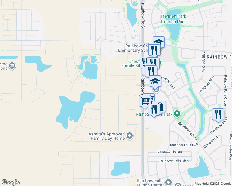 map of restaurants, bars, coffee shops, grocery stores, and more near Rainbow Road in Chestermere