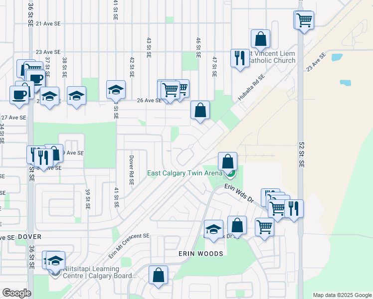 map of restaurants, bars, coffee shops, grocery stores, and more near 45 Doverville Way Southeast in Calgary