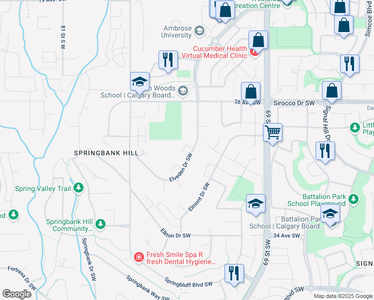 map of restaurants, bars, coffee shops, grocery stores, and more near 35 Elveden Place Southwest in Calgary