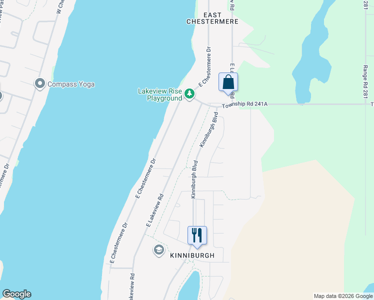 map of restaurants, bars, coffee shops, grocery stores, and more near 796 East Lakeview Road in Chestermere