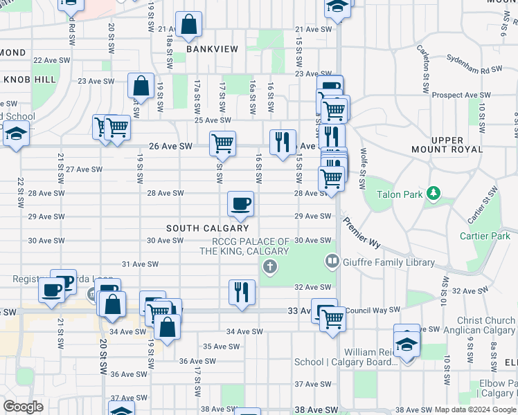 map of restaurants, bars, coffee shops, grocery stores, and more near 16 Street Southwest in Calgary