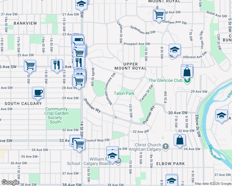 map of restaurants, bars, coffee shops, grocery stores, and more near 2901 Carleton Street Southwest in Calgary