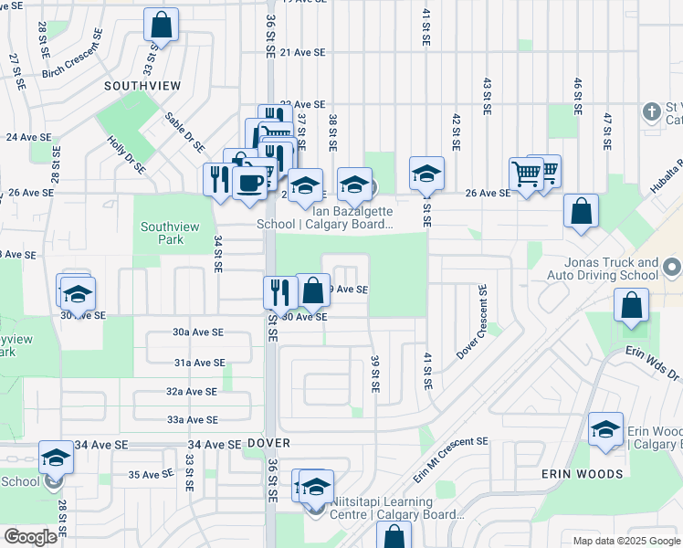 map of restaurants, bars, coffee shops, grocery stores, and more near 15 Doverdale Mews Southeast in Calgary