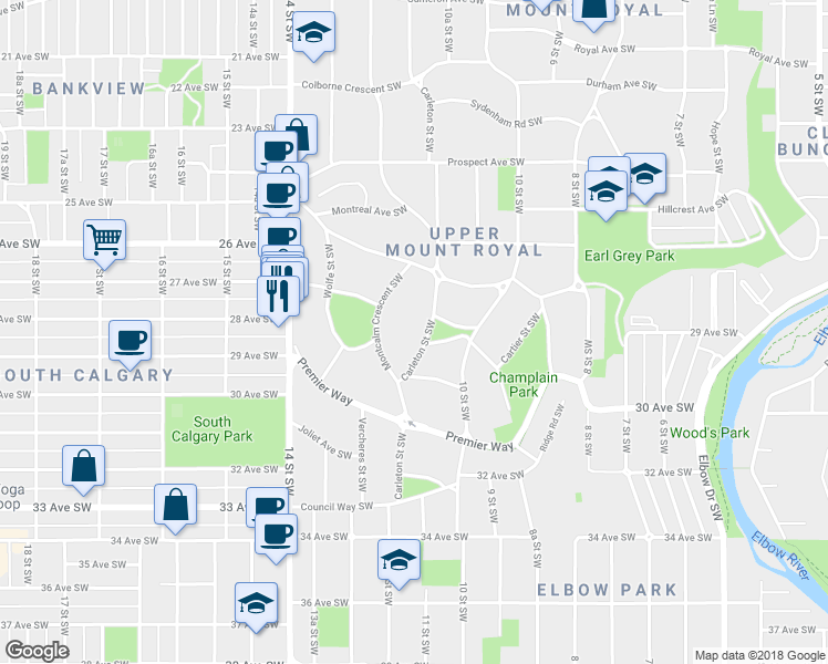 map of restaurants, bars, coffee shops, grocery stores, and more near 2901 Carleton Street Southwest in Calgary