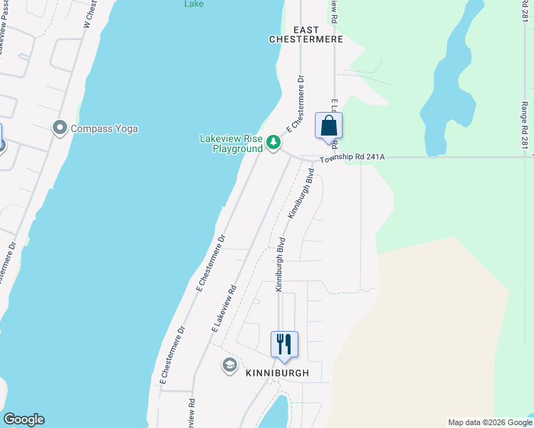 map of restaurants, bars, coffee shops, grocery stores, and more near 796 East Lakeview Road in Chestermere