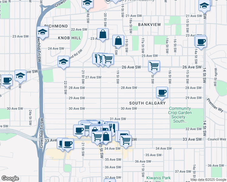 map of restaurants, bars, coffee shops, grocery stores, and more near in Calgary