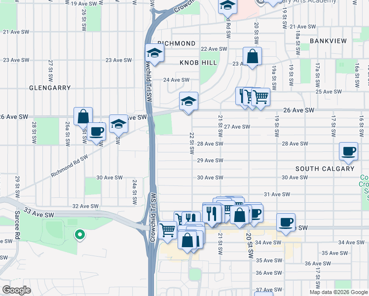 map of restaurants, bars, coffee shops, grocery stores, and more near 2411 28 Avenue Southwest in Calgary