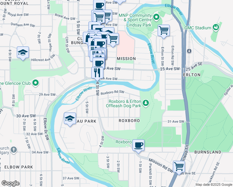 map of restaurants, bars, coffee shops, grocery stores, and more near 303 Roxboro Road Southwest in Calgary