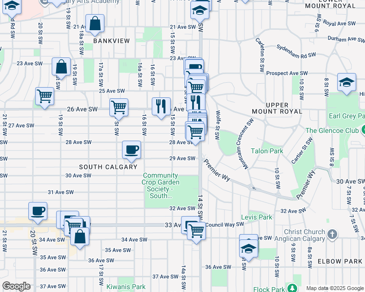 map of restaurants, bars, coffee shops, grocery stores, and more near 1527 28 Avenue Southwest in Calgary