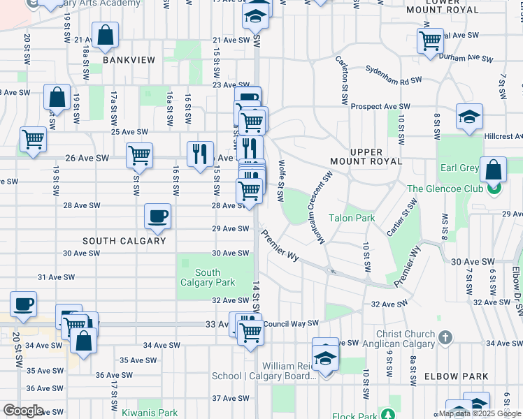 map of restaurants, bars, coffee shops, grocery stores, and more near 2818 14 Street Southwest in Calgary