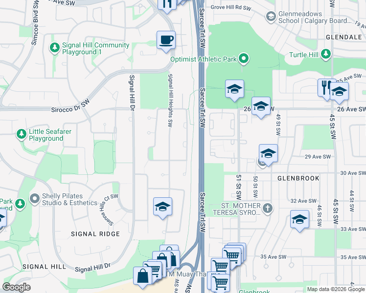 map of restaurants, bars, coffee shops, grocery stores, and more near Signal Hill Circle Southwest in Calgary