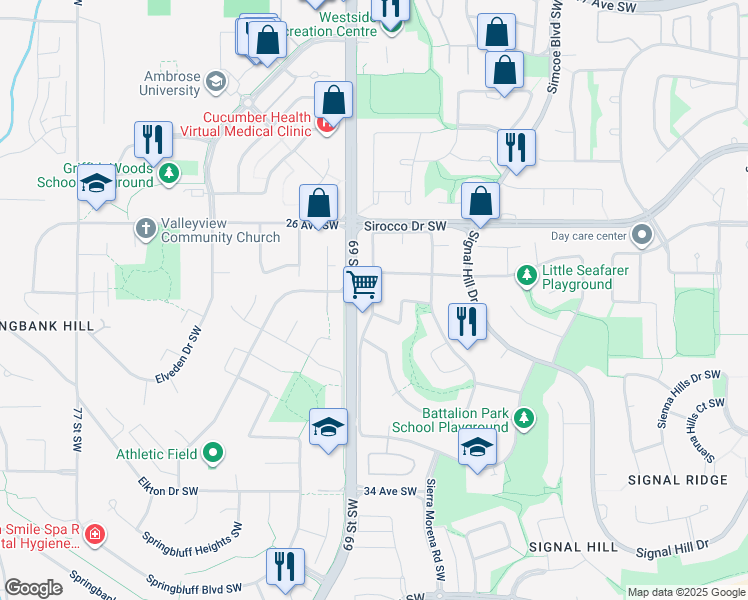 map of restaurants, bars, coffee shops, grocery stores, and more near 174 Sienna Park Drive Southwest in Calgary