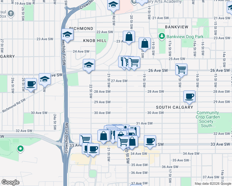 map of restaurants, bars, coffee shops, grocery stores, and more near 2127 28 Avenue Southwest in Calgary