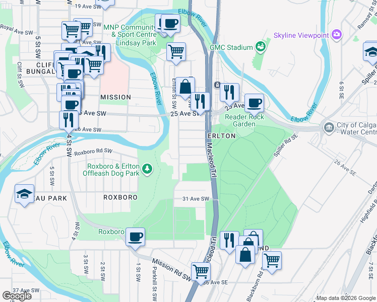 map of restaurants, bars, coffee shops, grocery stores, and more near 43 28 Avenue Southwest in Calgary
