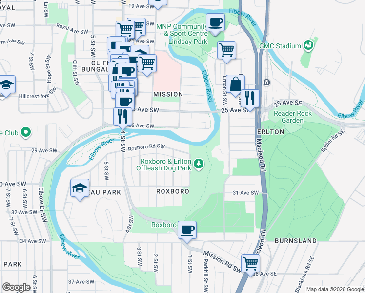 map of restaurants, bars, coffee shops, grocery stores, and more near in Calgary