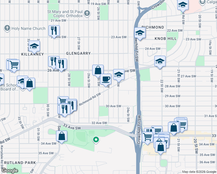 map of restaurants, bars, coffee shops, grocery stores, and more near 2842 25A Street Southwest in Calgary