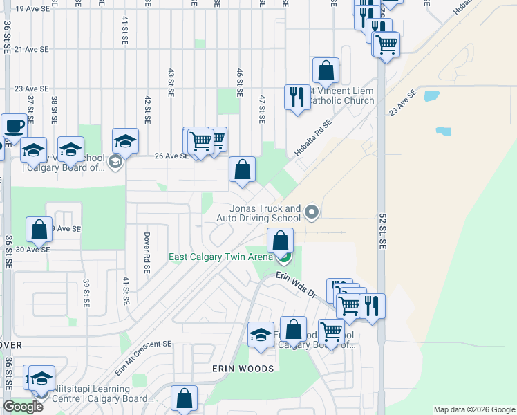 map of restaurants, bars, coffee shops, grocery stores, and more near in Calgary