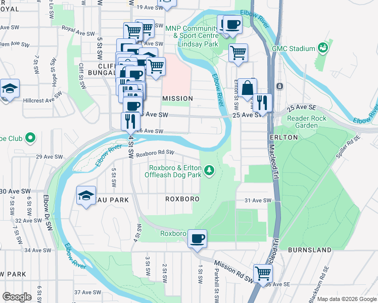 map of restaurants, bars, coffee shops, grocery stores, and more near in Calgary