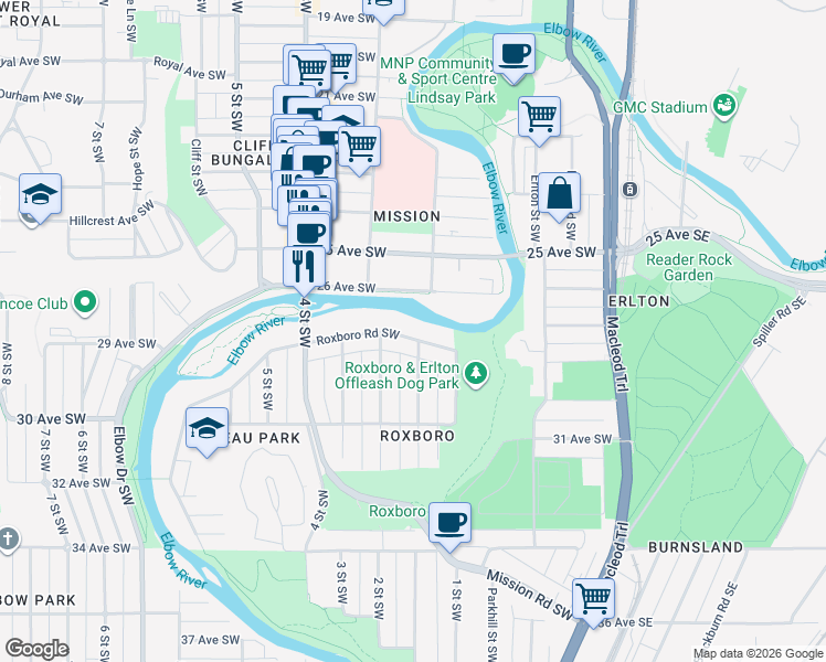 map of restaurants, bars, coffee shops, grocery stores, and more near 208 Roxboro Road Southwest in Calgary