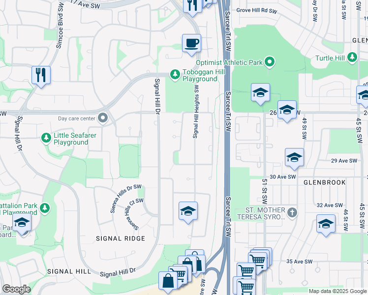 map of restaurants, bars, coffee shops, grocery stores, and more near 96 Signal Hill Circle Southwest in Calgary