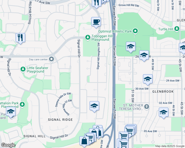 map of restaurants, bars, coffee shops, grocery stores, and more near 96 Signal Hill Circle Southwest in Calgary