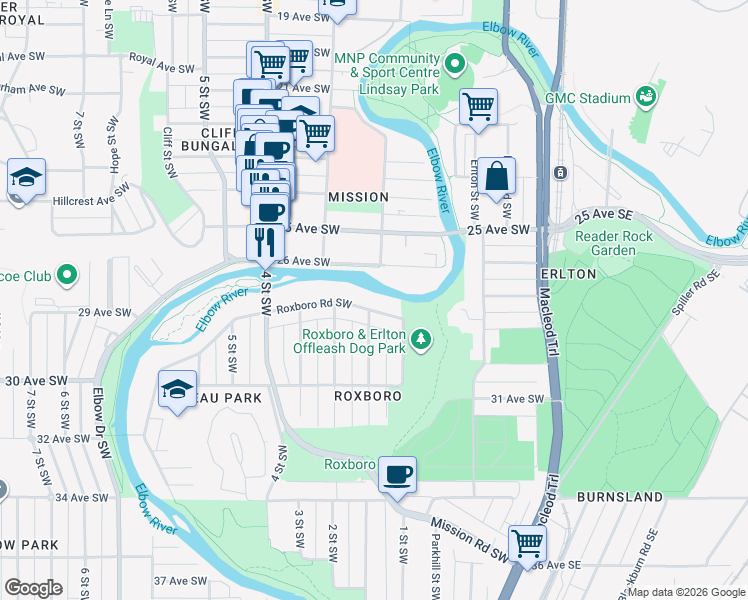 map of restaurants, bars, coffee shops, grocery stores, and more near 208 Roxboro Road Southwest in Calgary