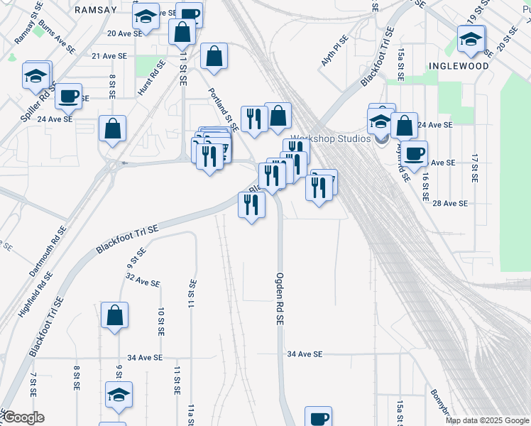 map of restaurants, bars, coffee shops, grocery stores, and more near 3005 Ogden Road Southeast in Calgary