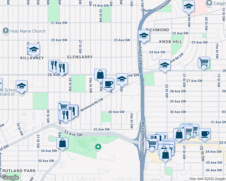 map of restaurants, bars, coffee shops, grocery stores, and more near 2844 25A Street Southwest in Calgary