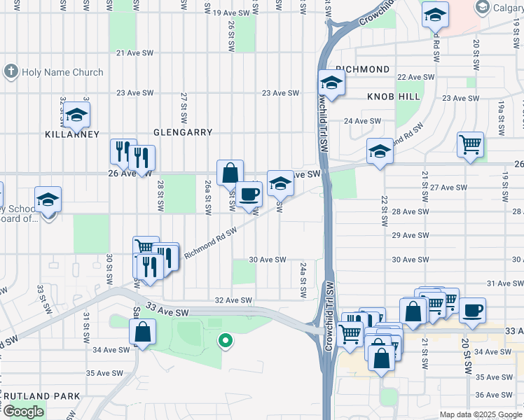 map of restaurants, bars, coffee shops, grocery stores, and more near 2610 Richmond Road Southwest in Calgary