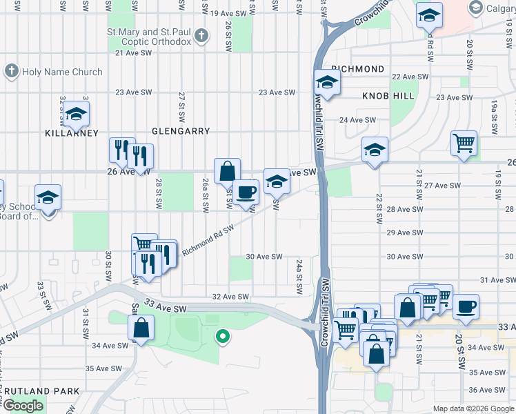 map of restaurants, bars, coffee shops, grocery stores, and more near 2842 25A Street Southwest in Calgary