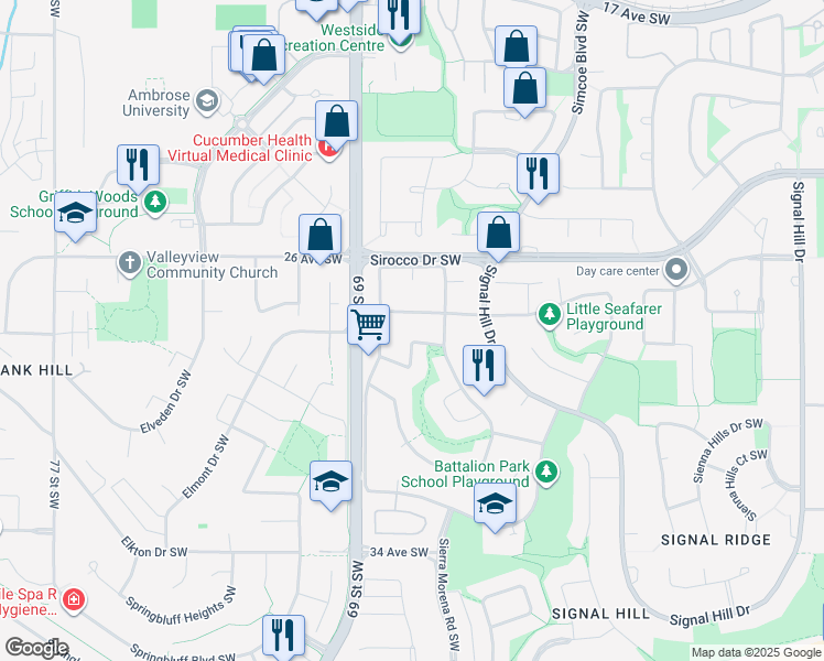 map of restaurants, bars, coffee shops, grocery stores, and more near 25 Sienna Park Link Southwest in Calgary