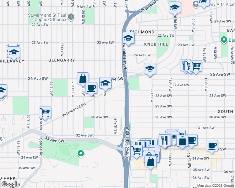 map of restaurants, bars, coffee shops, grocery stores, and more near 2519 Richmond Road Southwest in Calgary