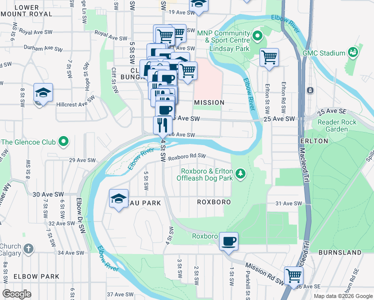 map of restaurants, bars, coffee shops, grocery stores, and more near 303 Roxboro Road Southwest in Calgary