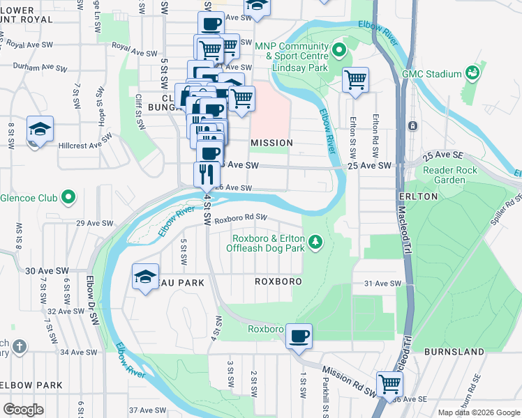 map of restaurants, bars, coffee shops, grocery stores, and more near 303 Roxboro Road Southwest in Calgary