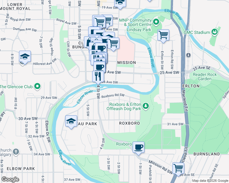 map of restaurants, bars, coffee shops, grocery stores, and more near 303 Roxboro Road Southwest in Calgary