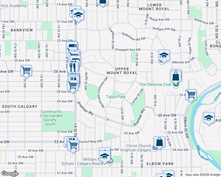 map of restaurants, bars, coffee shops, grocery stores, and more near 2901 Carleton Street Southwest in Calgary