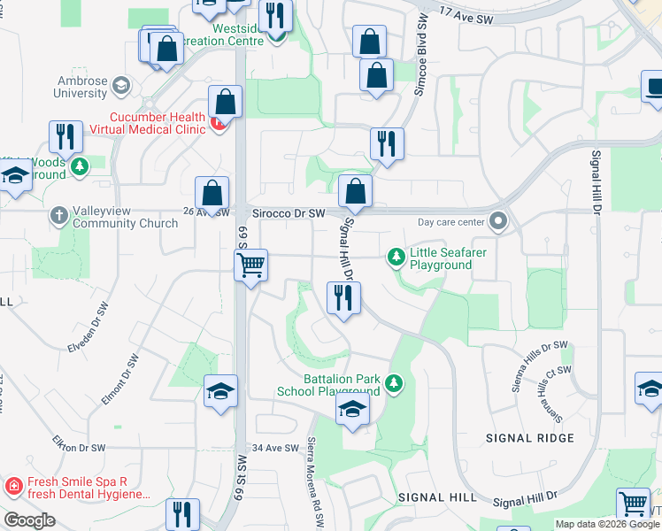 map of restaurants, bars, coffee shops, grocery stores, and more near 92 Sienna Park Drive Southwest in Calgary